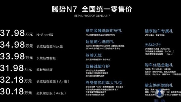 售30.18万元起/6款配置 腾势N7上市