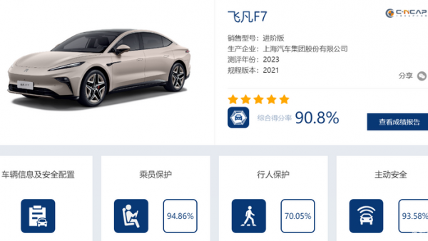 五星！飞凡F7公布C-NCAP碰撞测试成绩