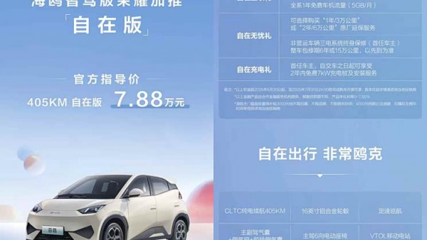 售7.88万/共推出1款配置 比亚迪海鸥自在版正式上市