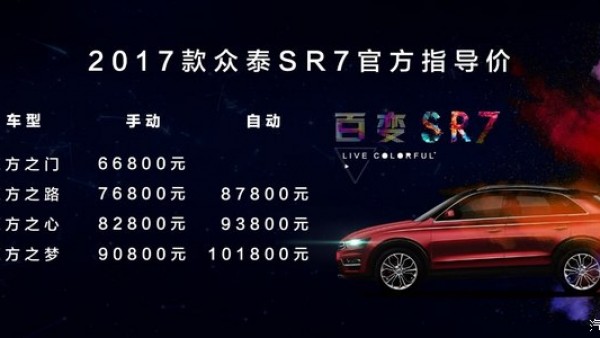 售6.68-10.18万 新款众泰SR7正式上市